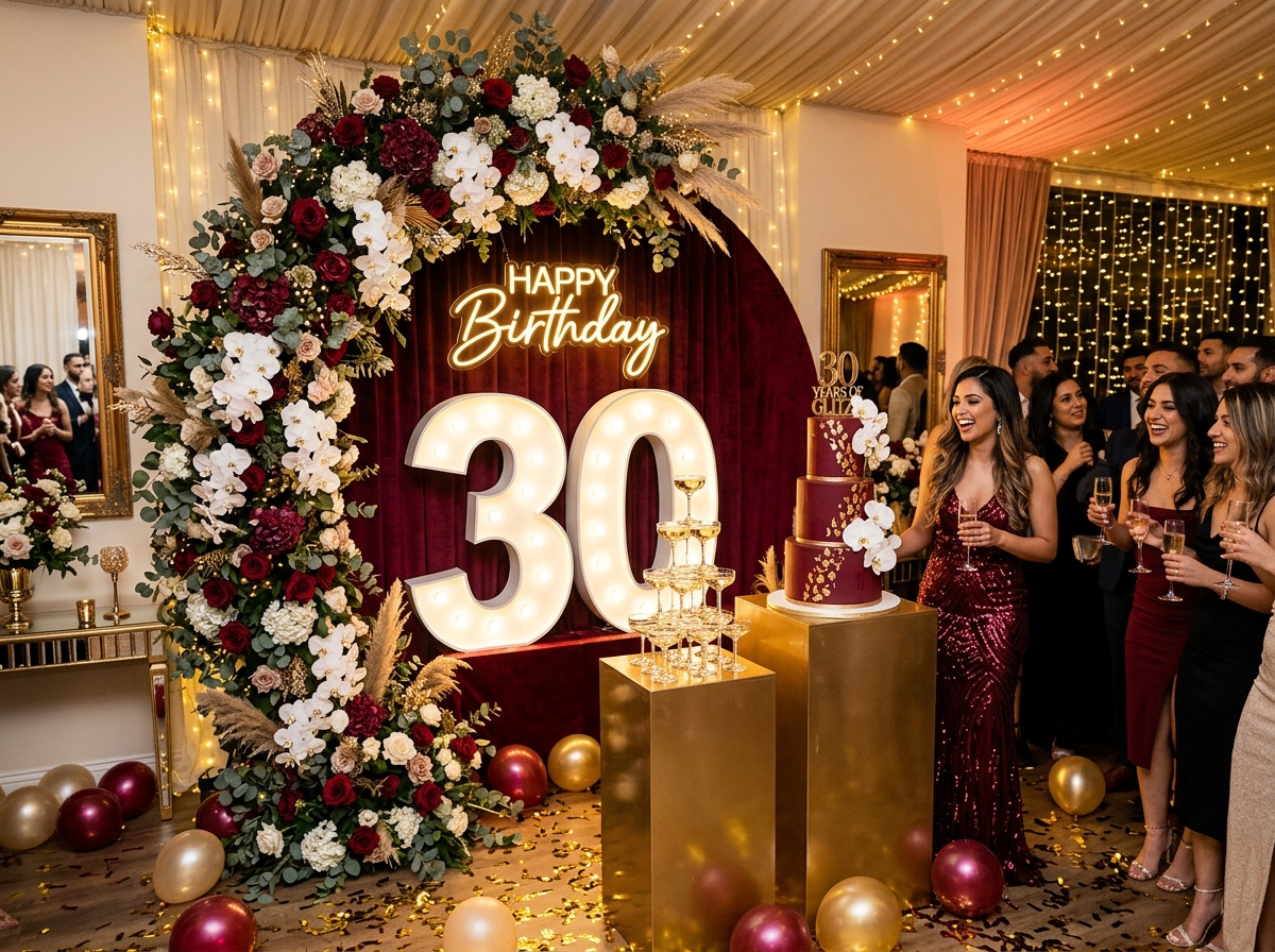 Milestone birthday party celebration with giant illuminated marquee numbers, velvet backdrop, champagne plinths, and florals