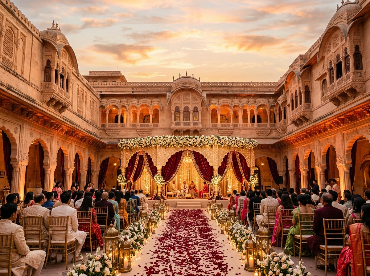 Heritage palace courtyard destination wedding setup with royal maroon drapes, gold arches, and candlelit aisle in Rajasthan