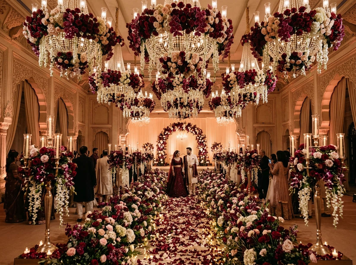 Royal floral decor installation with cascading maroon rose chandeliers, flower carpet aisle, and gold candelabras