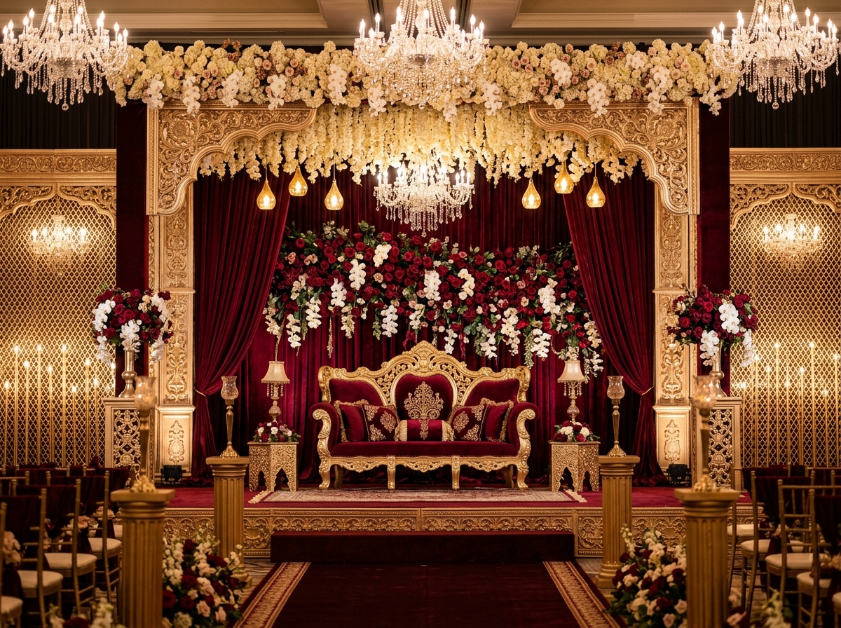 Luxury royal wedding stage with maroon velvet drapes, champagne gold carvings, and ivory floral canopy in Mumbai