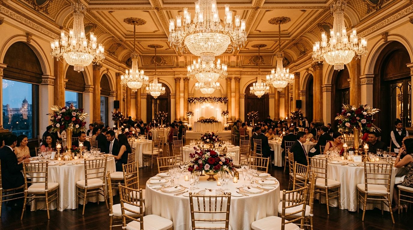 Luxury indoor banquet hall in Colaba with crystal chandeliers and round banquet dining